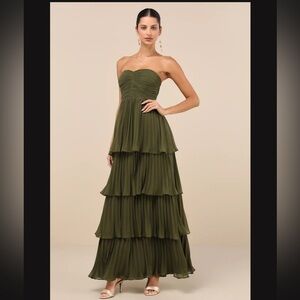 LULUS - Seriously Sensational Strapless Tiered Dress // OLIVE GREEN